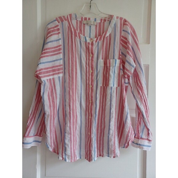 LOFT red white blue stripe button-up blouse M gauzy patriotic nautical beach top - Picture 1 of 9
